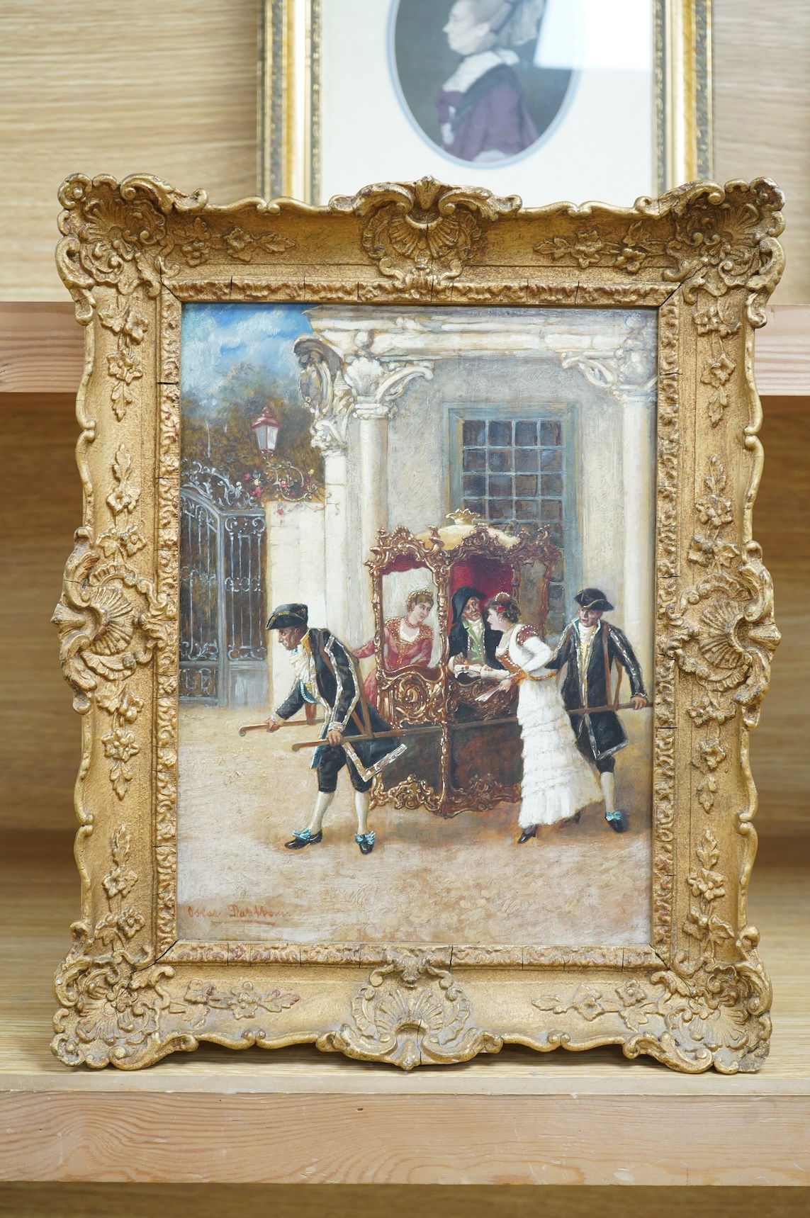 Oscar Dahlam, ‘The Sedan Chair’, signed, label verso, oil on board, ornate gilt frame, 31 x 23cm